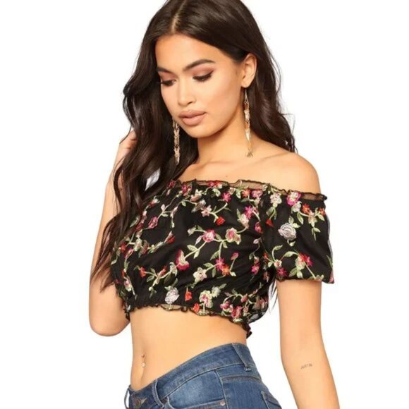 Forever 21 Floral Embroidered Black Mesh Ruffle Trim Off-The-Shoulder Crop Top - Picture 2 of 4